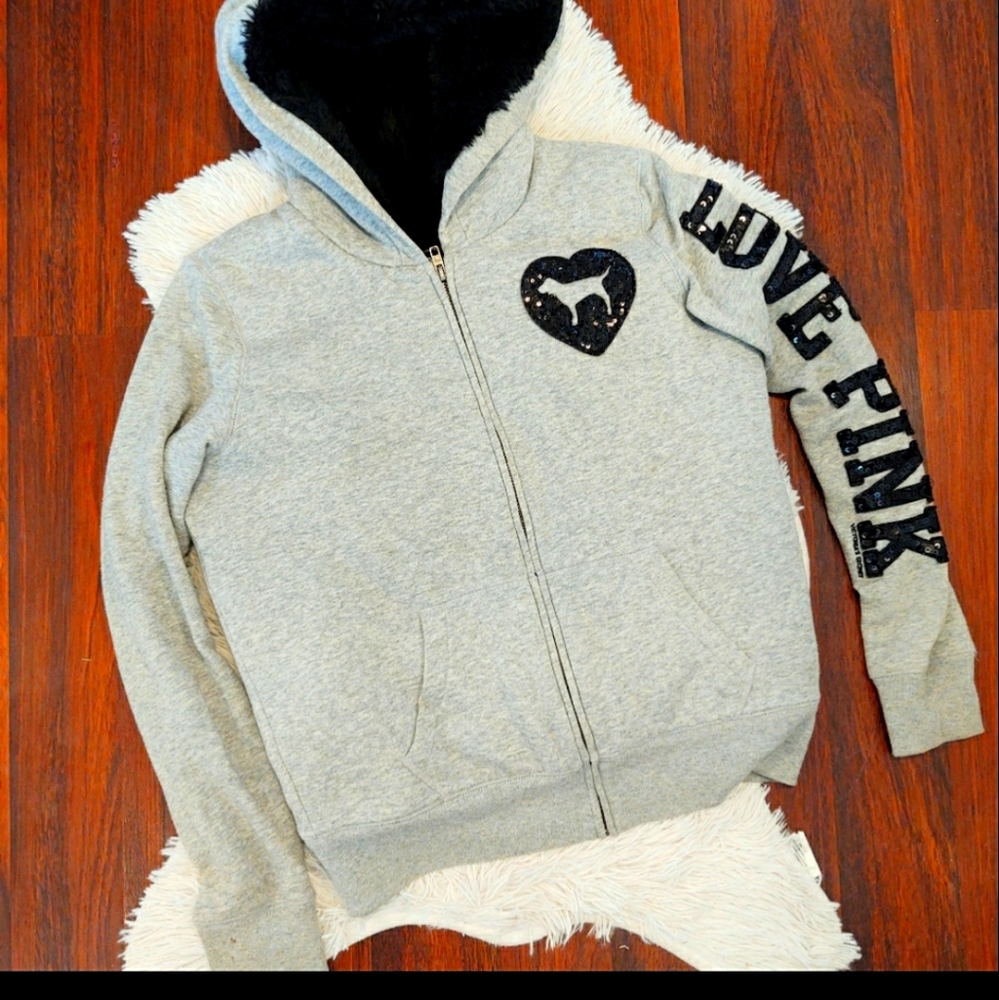 PINK fur lined black sequenced hoodie